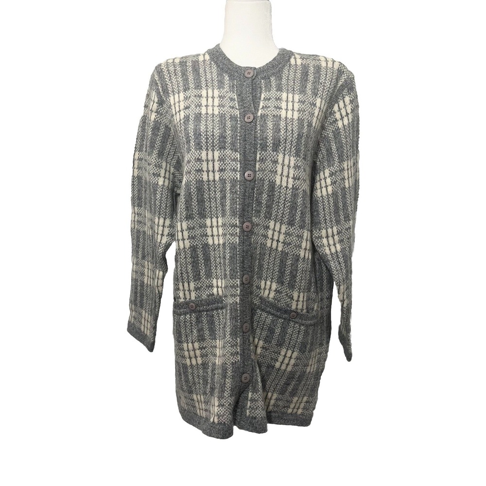 VTG Bleyle Size Large Plaid Button Front Long Cardigan Wool Mohair Warm Outdoor